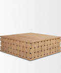 Wooden storage box with woven pattern on a white background