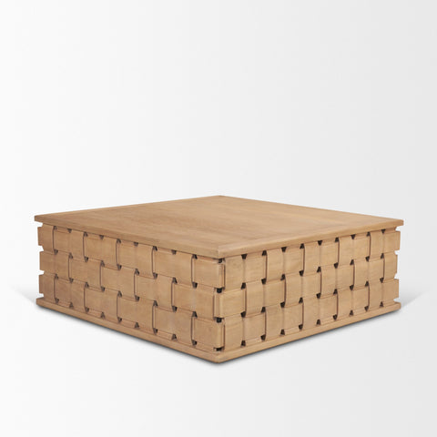 Wooden storage box with woven pattern on a white background