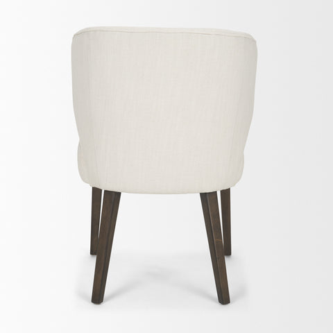 Beige upholstered chair with wooden legs on a white background