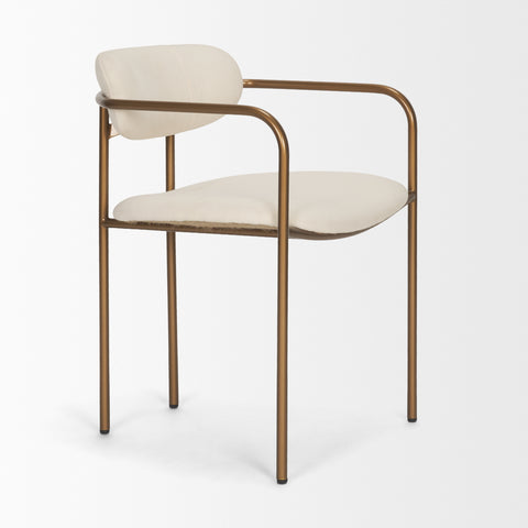 Chair with white cushioned seat and backrest on a gold frame against a white background