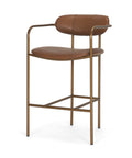 Brown leather bar stool with metal frame on a white background