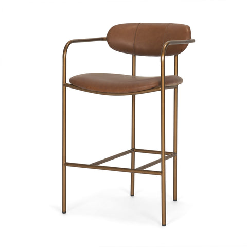 Brown leather bar stool with metal frame on a white background