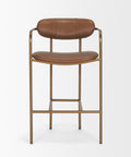 Brown leather bar stool with gold metal frame on a white background