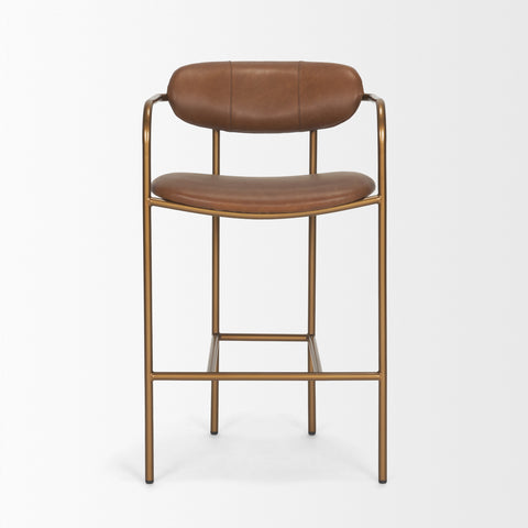 Brown leather bar stool with gold metal frame on a white background