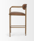 Bar stool with brown leather seat and backrest on a white background