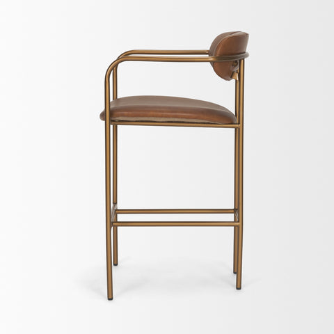 Bar stool with brown leather seat and backrest on a white background