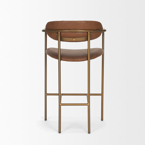 Bar stool with brown leather seats and gold metal frame on a white background