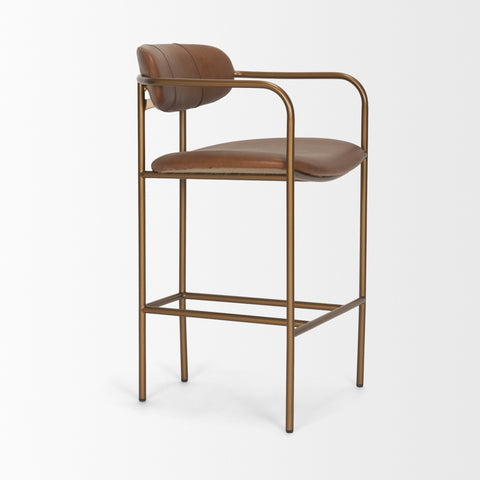 Brown leather bar stool with gold metal frame on a white background
