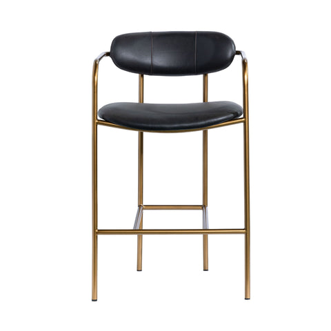 Black leather bar stool with gold frame on a white background