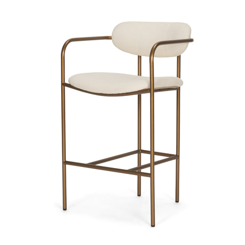Bar stool with beige cushioned seat and backrest on a white background