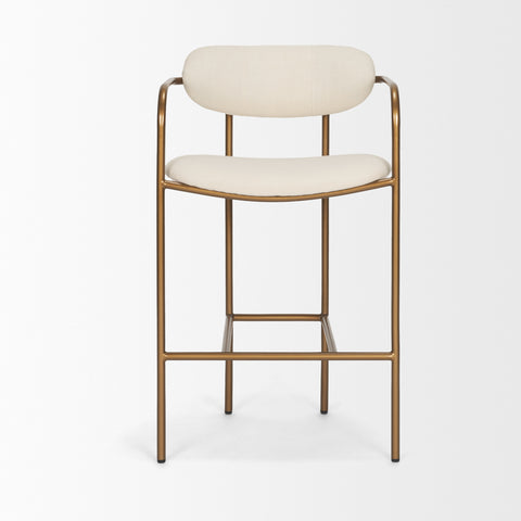 Bar stool with white cushioned seat and backrest on a gold frame against a white background
