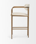 Bar stool with white cushioned seat and backrest on a white background