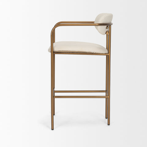 Bar stool with white cushioned seat and backrest on a white background