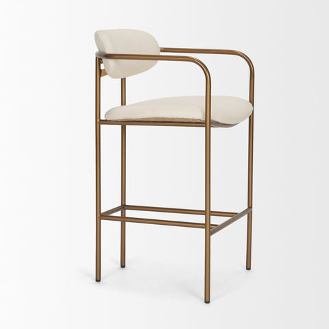Bar stool with white cushioned seat and backrest on a gold metal frame against a white background