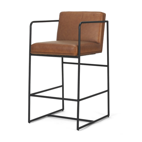 Brown leather bar stool with black metal frame on a white background