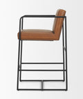 Brown leather bar stool with black metal frame on a white background