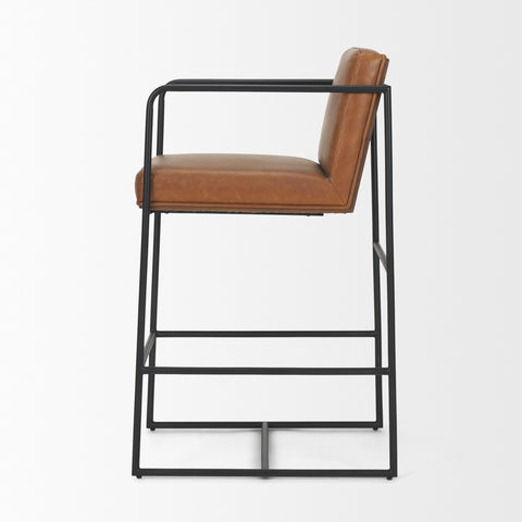 Brown leather bar stool with black metal frame on a white background