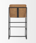 Bar stool with wooden seat and black metal frame on a white background