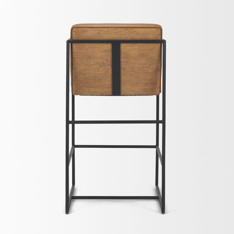 Bar stool with wooden seat and black metal frame on a white background