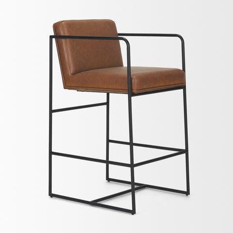 Brown leather bar stool with black metal frame on a white background
