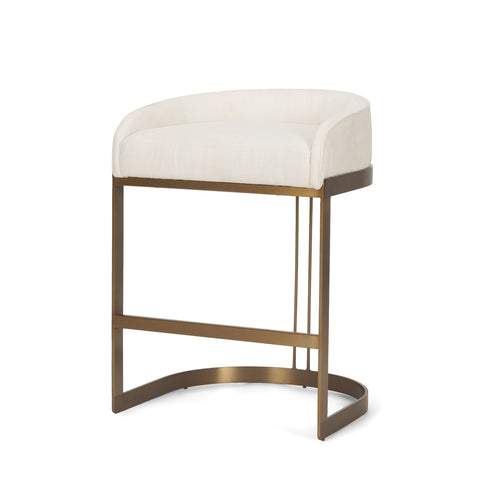 Bar stool with white cushioned seat and brass frame on a white background