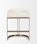 White cushioned stool with gold metal frame on a white background