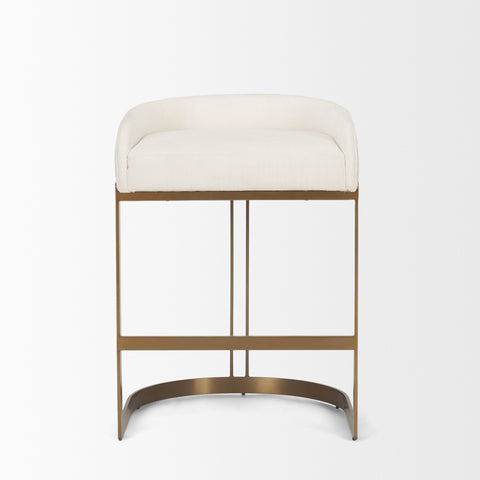 White cushioned stool with gold metal frame on a white background