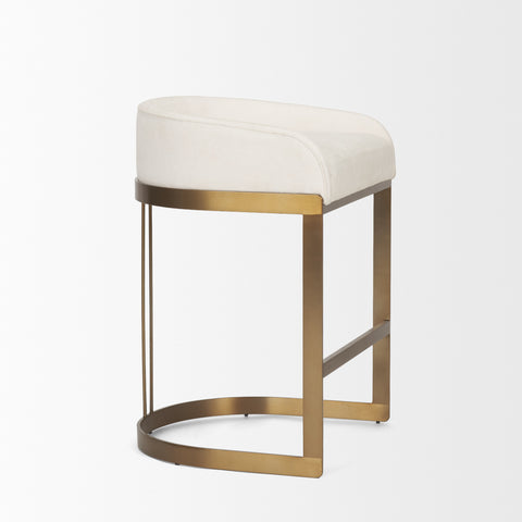 Stool with white cushioned seat and gold metal frame on a light gray background