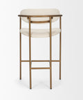 Bar stool with white cushioned seat and backrest on a gold metal frame against a white background