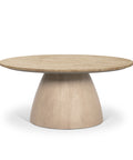 Wooden table with a round top and a wider base on a white background
