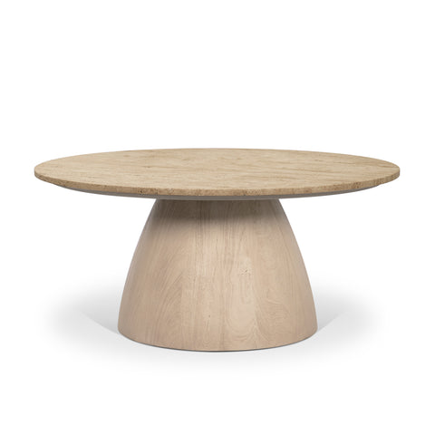 Wooden table with a round top and a wider base on a white background