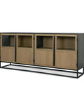 Wooden cabinet with black metal frame on a white background