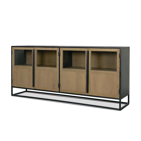Wooden cabinet with black metal frame on a white background