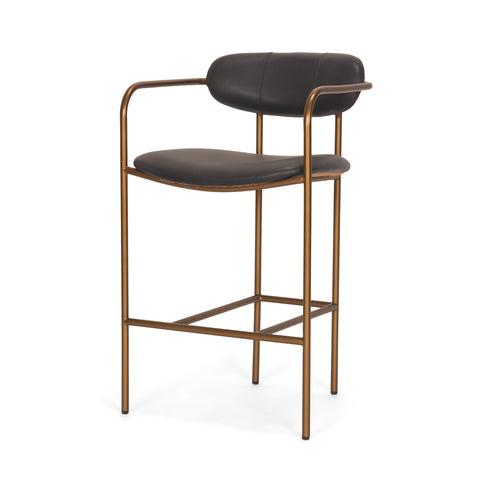 Bar stool with black leather seats and gold metal frame on a white background