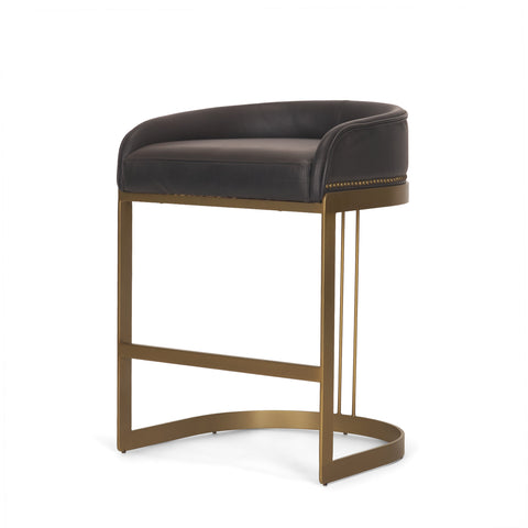 Modern bar stool with brown cushioned seat and gold metal frame on a white background