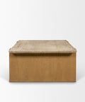 Coffee table with stone top and wooden base on a white background