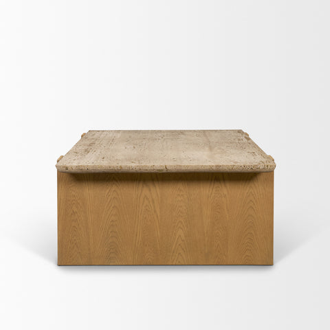 Coffee table with stone top and wooden base on a white background