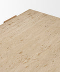 Beige stone surface with a small wooden block on a white background