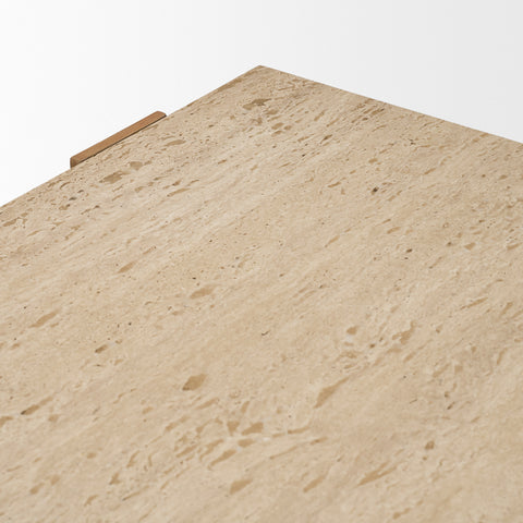 Beige stone surface with a small wooden block on a white background