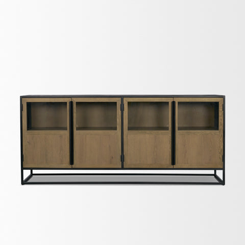 Wooden cabinet with glass panels on a white background