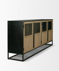 Cabinet with black frame and wooden doors on a white background
