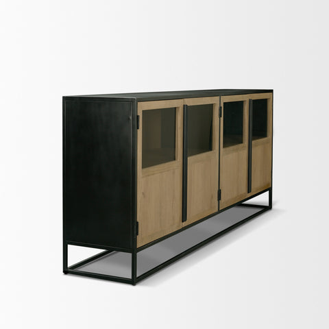 Cabinet with black frame and wooden doors on a white background