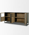 Modern cabinet with open doors on a white background