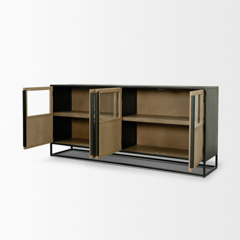 Modern cabinet with open doors on a white background