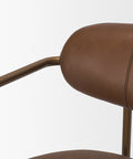 Close-up of a brown leather chair with a metal armrest on a white background