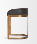 Bar stool with black leather seat and brass frame on a white background
