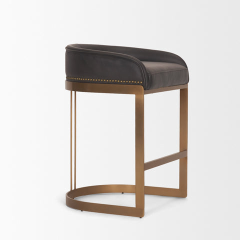Bar stool with black cushioned seat and bronze frame on a white background