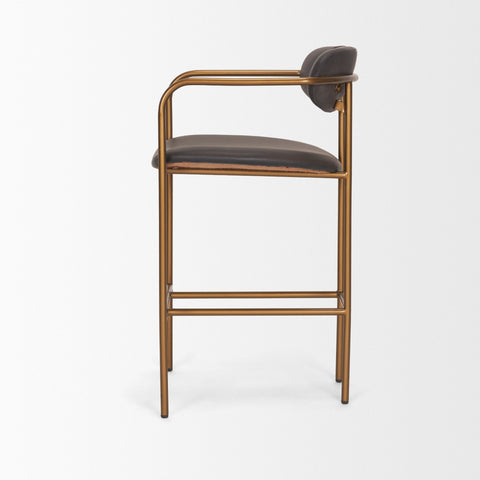 Bar stool with brown leather seat and gold metal frame on a white background