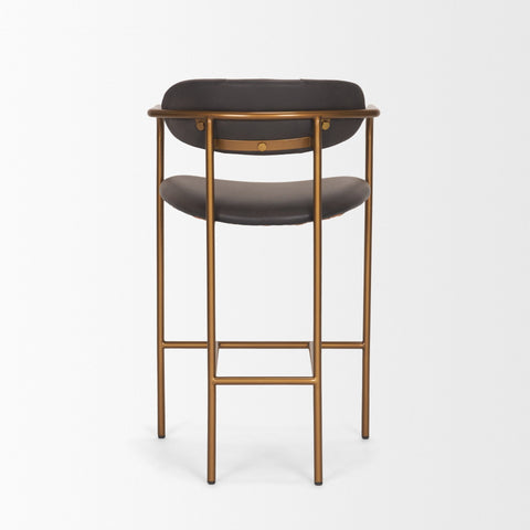 Bar stool with black cushioned seat and gold metal frame on a white background