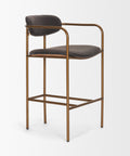 Bar stool with black leather seat and bronze metal frame on a white background